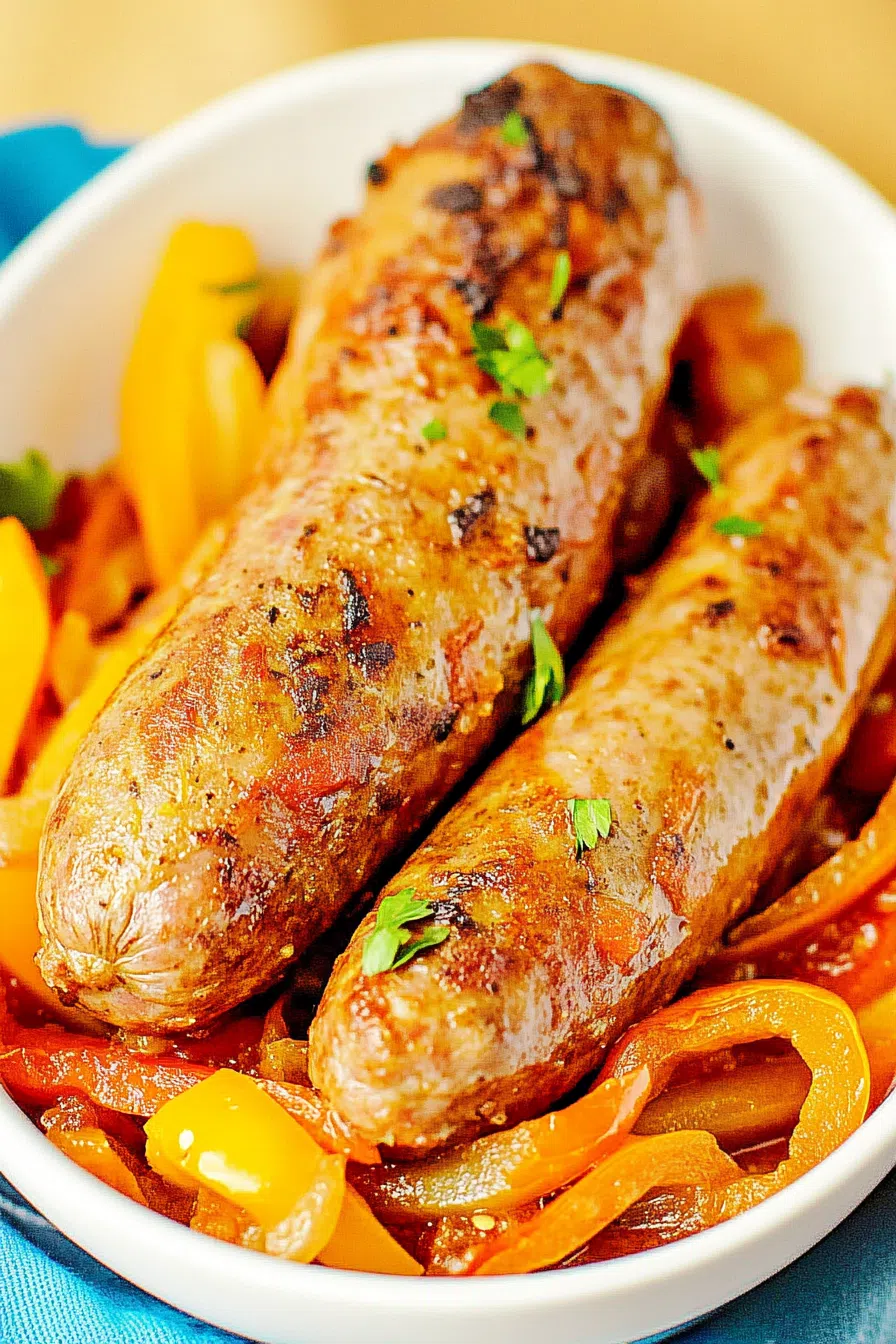 Serving dish piled high with roasted red and green peppers, onions, and browned meat.