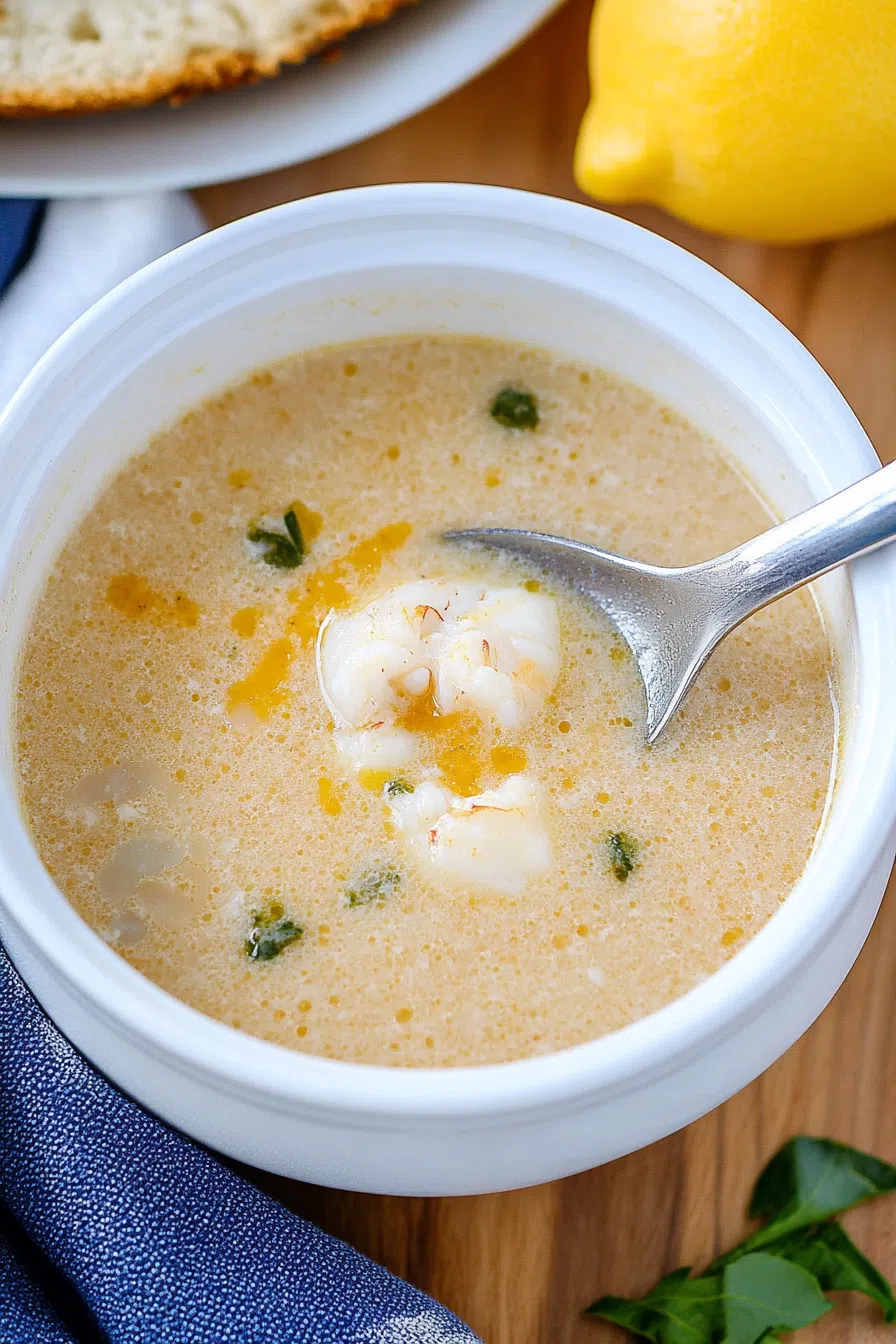 Creamy seafood soup served in a white bowl with a sprinkle of fresh herbs on top.
