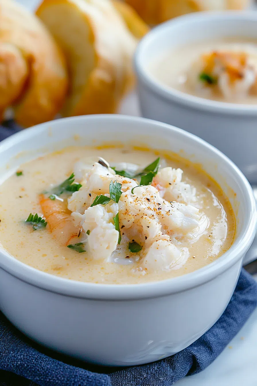 Smooth, rich bisque-style dish garnished with a dash of paprika and parsley.