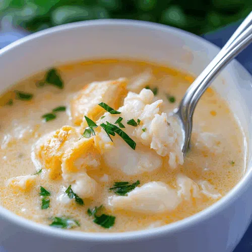 Close-up of a warm, velvety soup with visible crab meat and a swirl of cream.