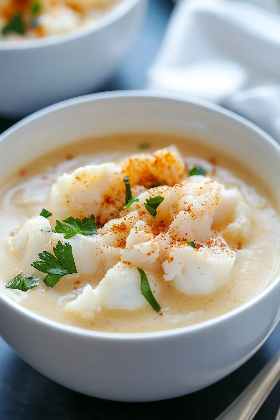 She crab soup finished with a touch of sherry and fresh herbs, ready to serve.