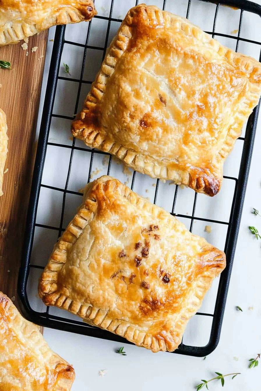 Freshly baked hand pies with golden, crimped edges cooling on a wire rack.