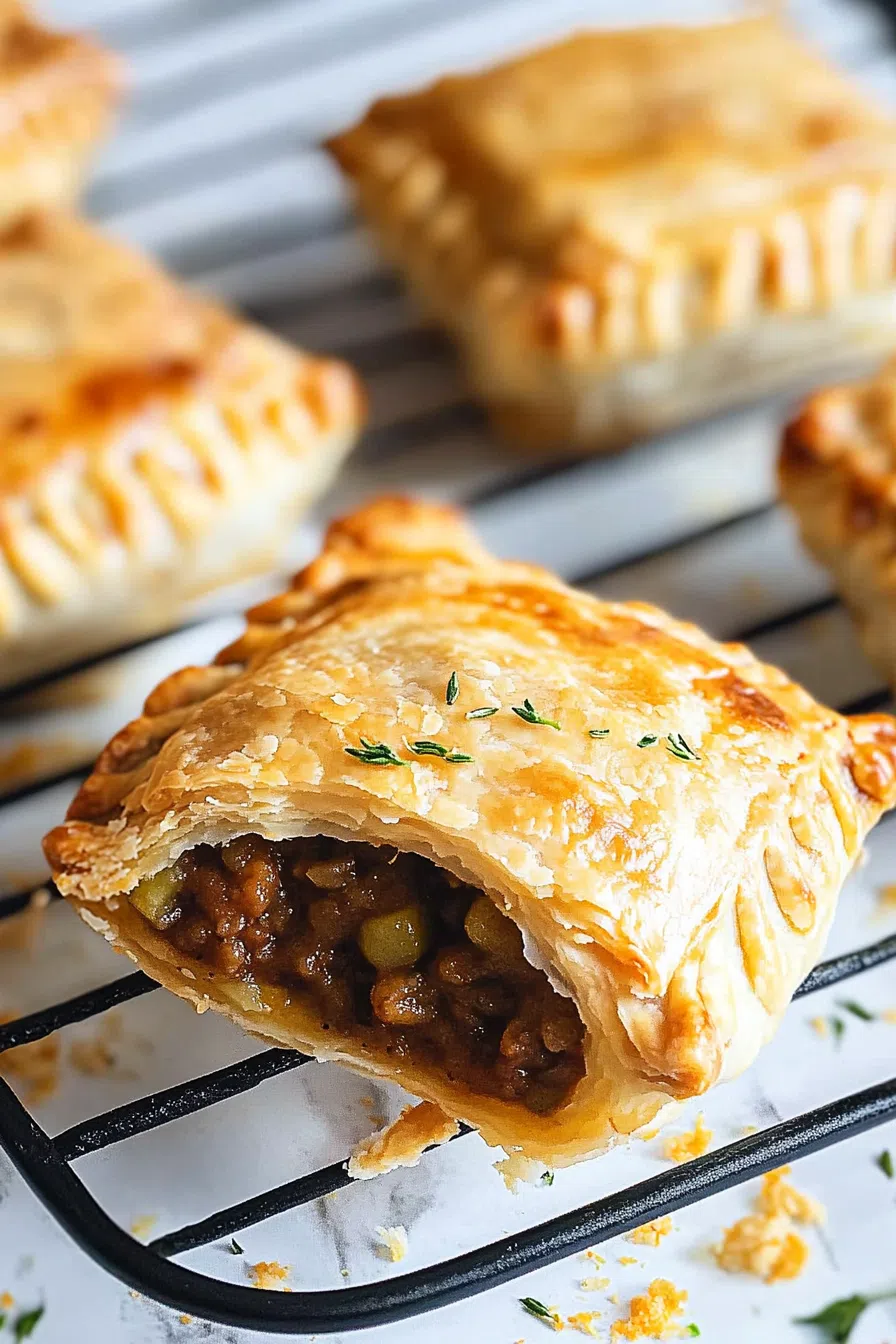 Close-up of handheld savory pies with a glossy, baked crust.
