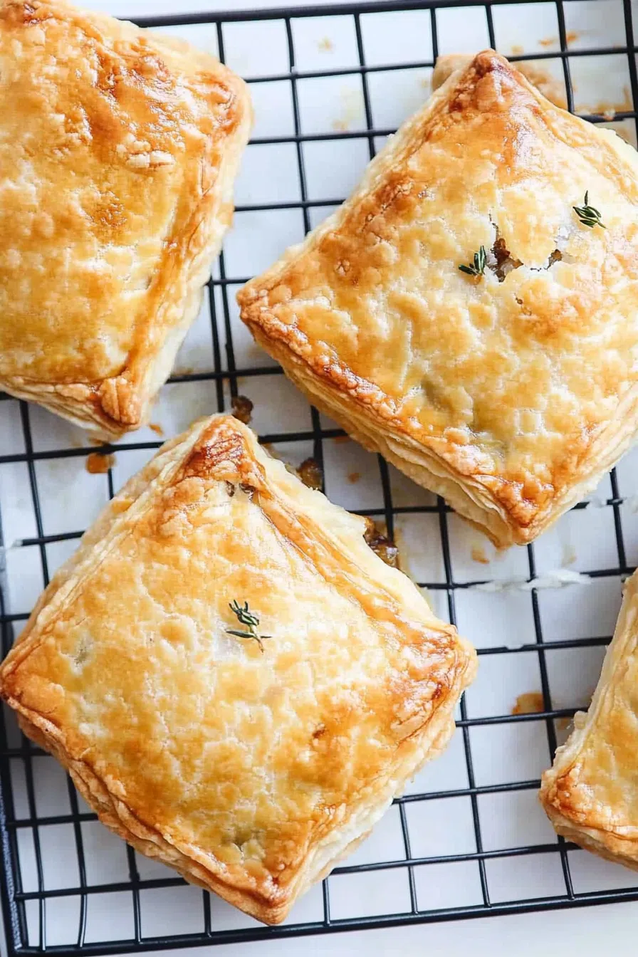 Overhead view of several browned turnovers on a cooling rack..