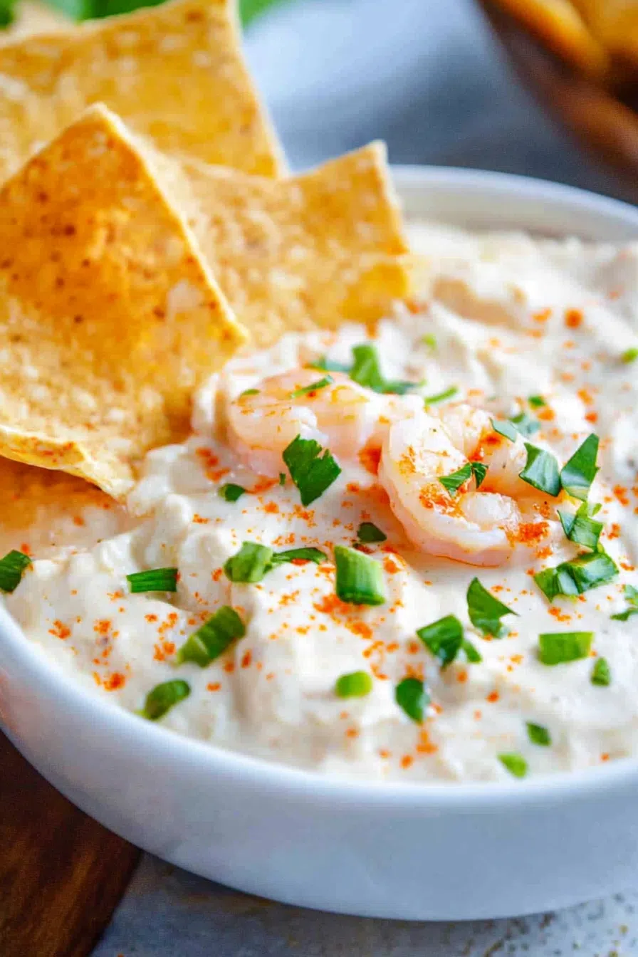 Close-up of a smooth dip with visible bits of shrimp and herbs, ready to serve.