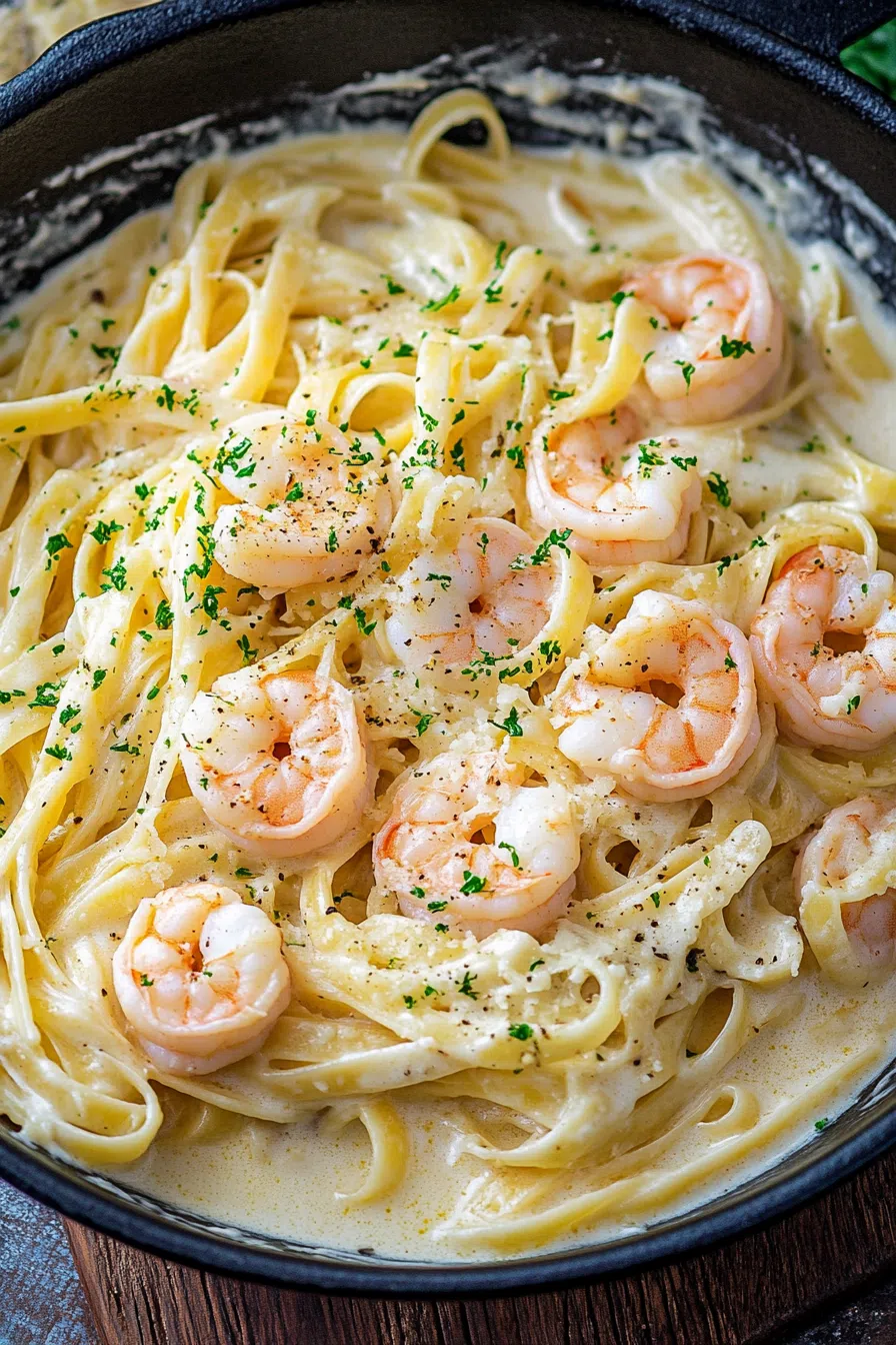 Creamy pasta dish with tender shrimp and a sprinkle of fresh parsley on top.