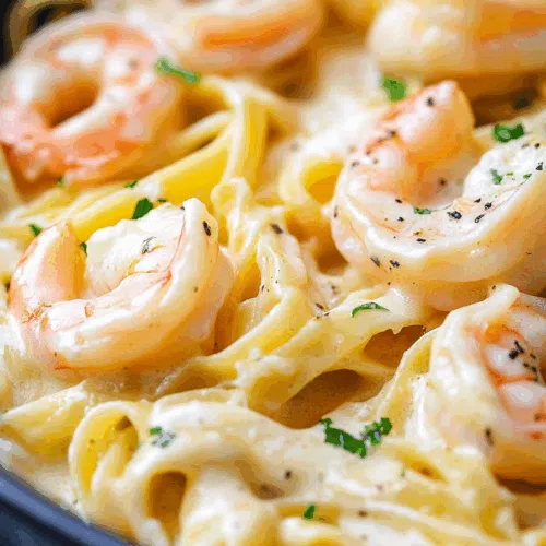 Elegant plated dish with buttery sauce, tender shrimp, and a garnish of herbs.