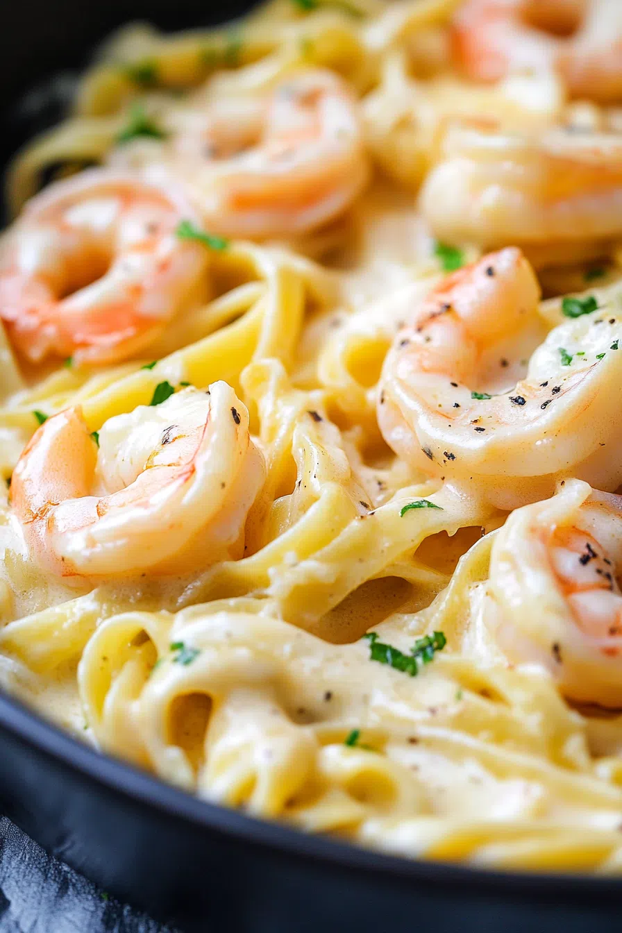 Elegant plated dish with buttery sauce, tender shrimp, and a garnish of herbs.