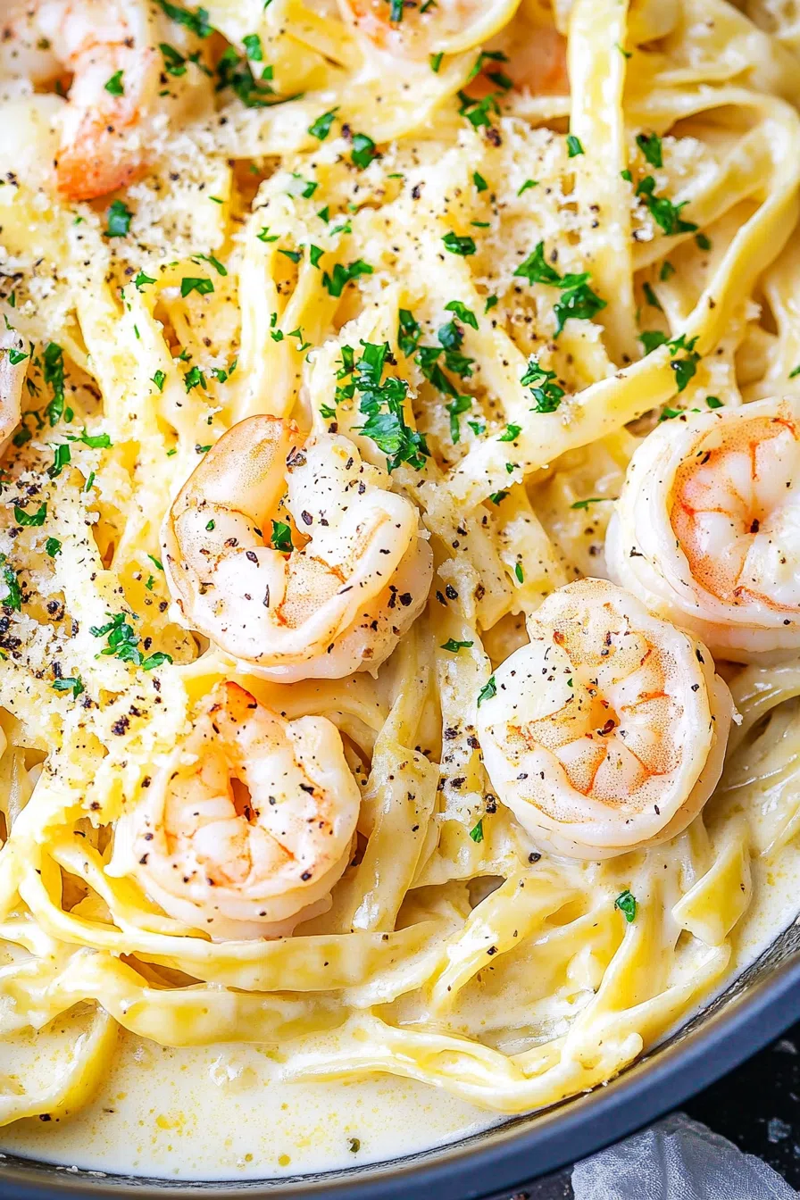 Close-up of fettuccine noodles coated in a rich white sauce with sautéed seafood.
