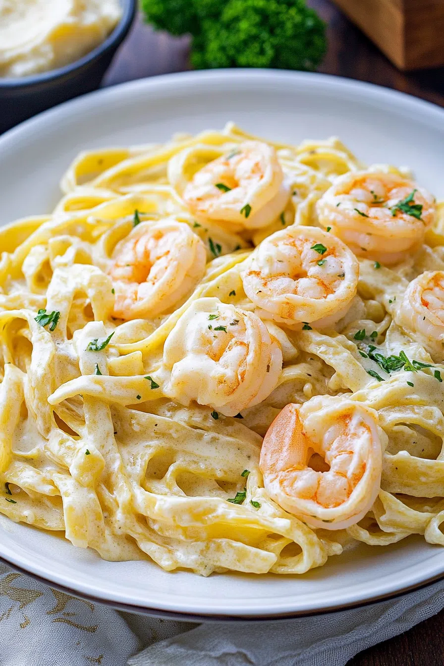 Twirl of saucy noodles with pink shrimp arranged neatly on a white plate.