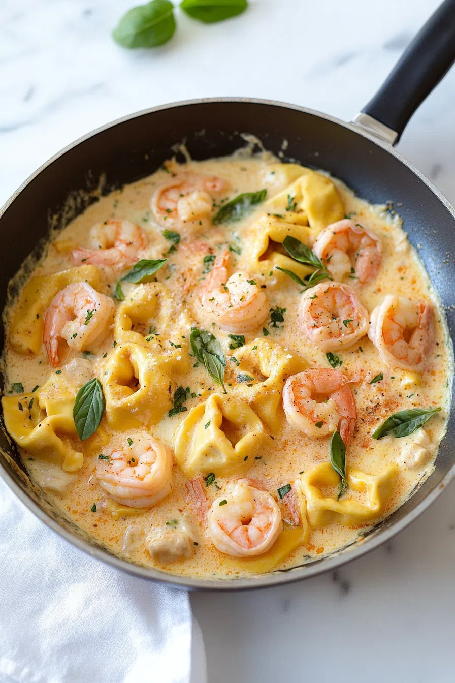 Creamy pasta dish topped with tender shrimp and a sprinkle of herbs.