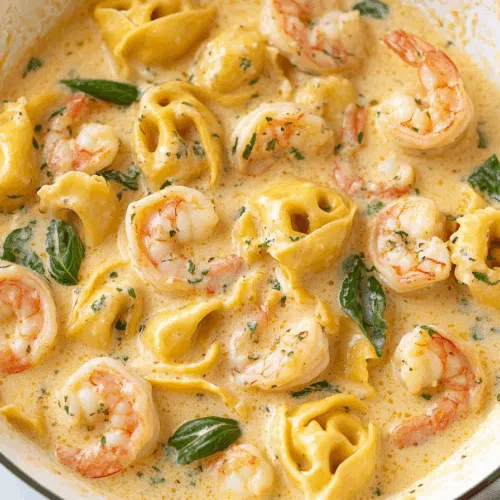 Golden tortellini and pink shrimp served in a thick, velvety sauce.