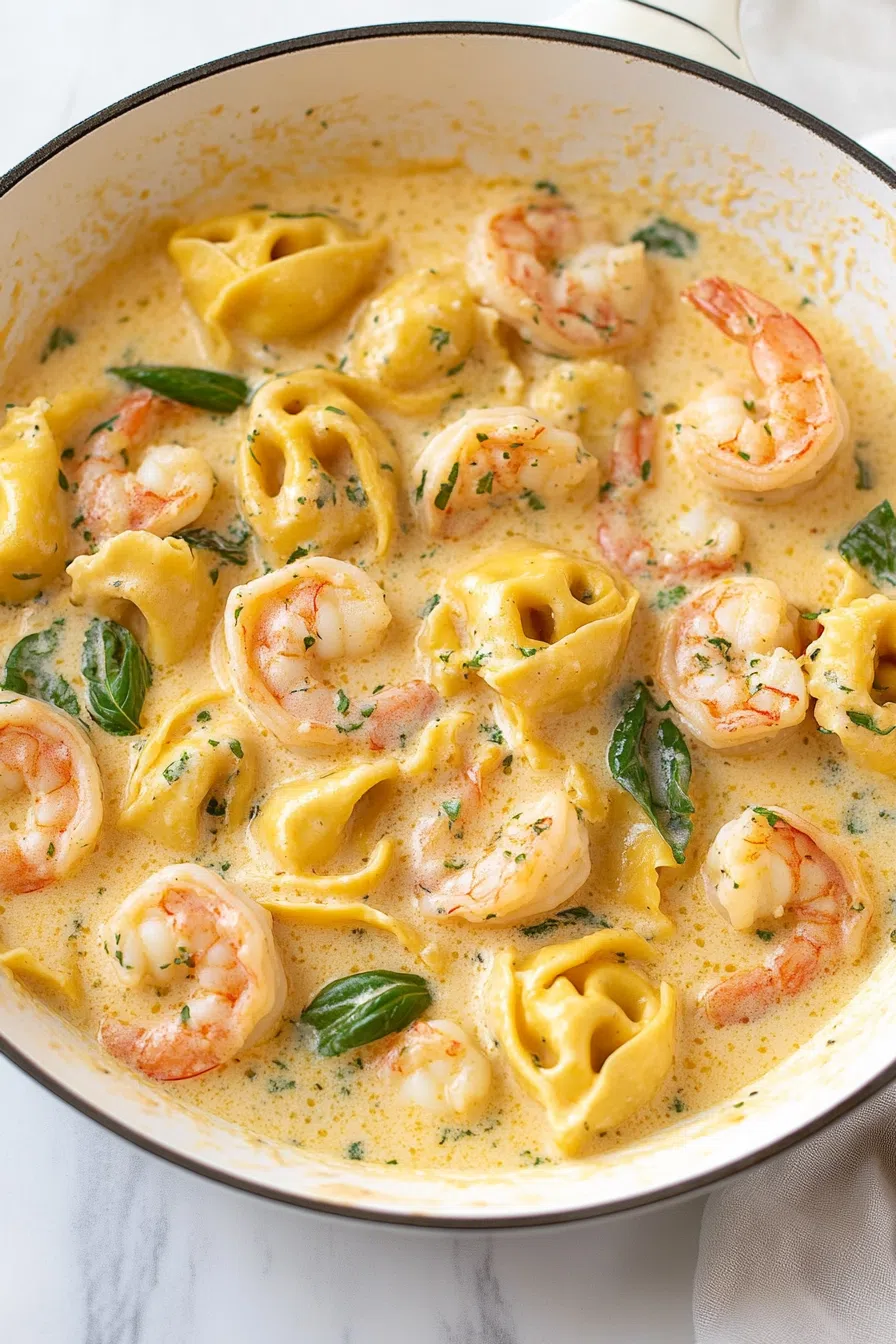 Golden tortellini and pink shrimp served in a thick, velvety sauce.