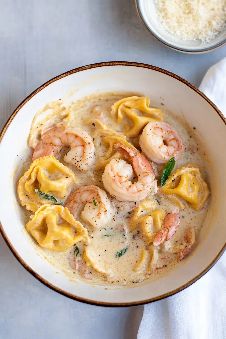 Hearty dinner plate featuring pasta and shrimp in a smooth, creamy dressing.