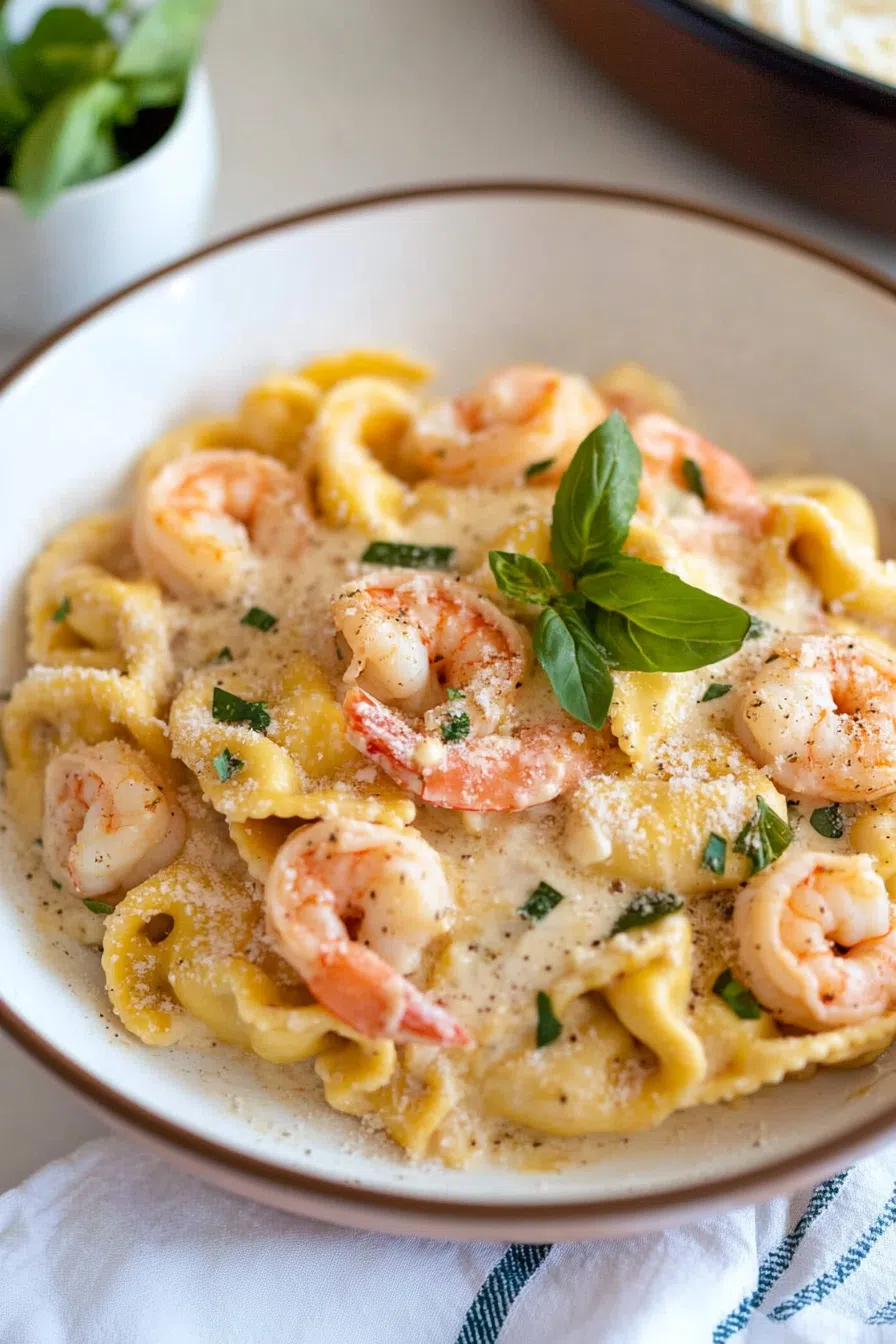 Elegant bowl of pasta with shellfish and creamy herb sauce on a white table.