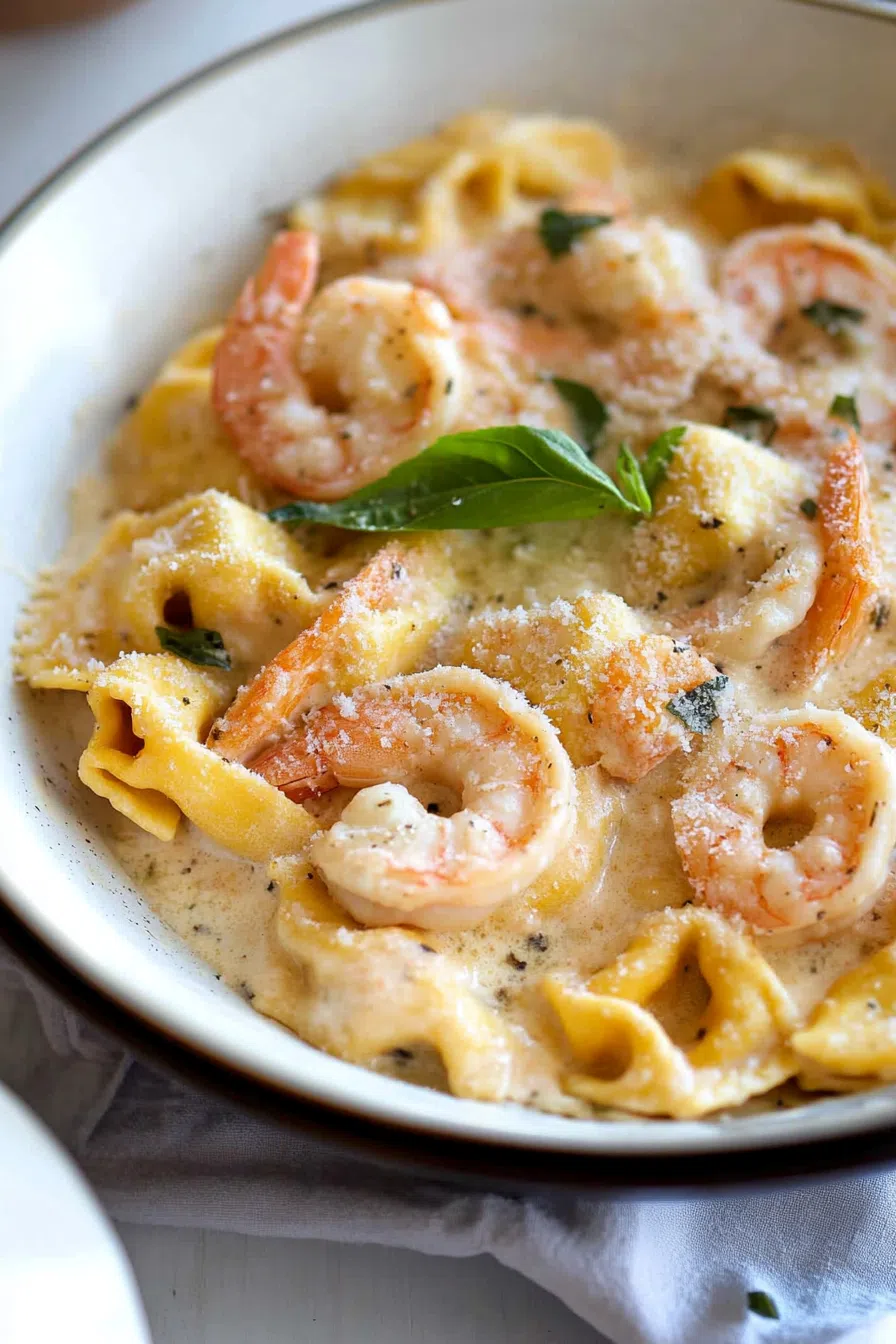Close-up of tortellini coated in a rich white sauce with seafood accents.