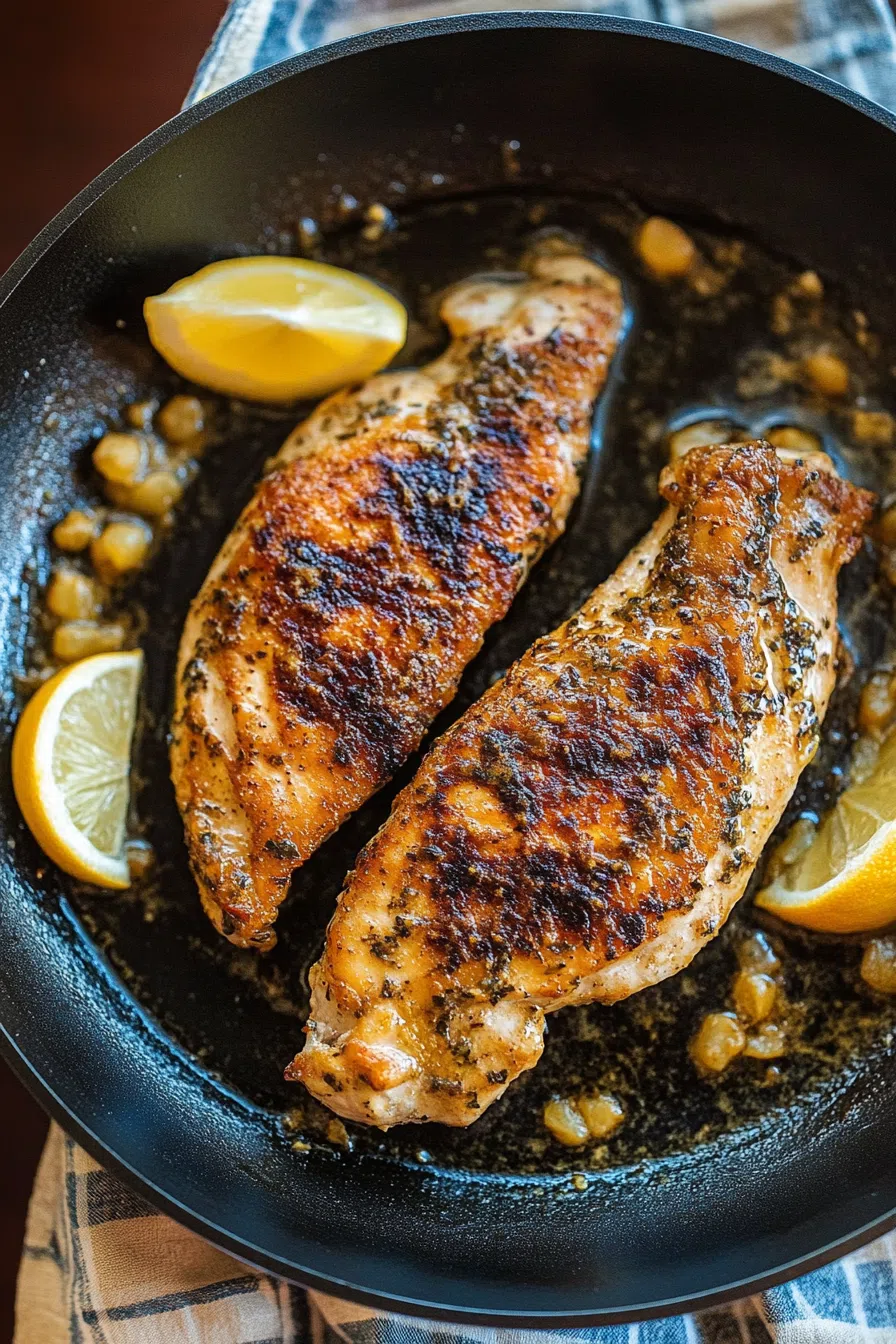 Skillet filled with cooked chicken pieces resting in a smooth, golden pan sauce.