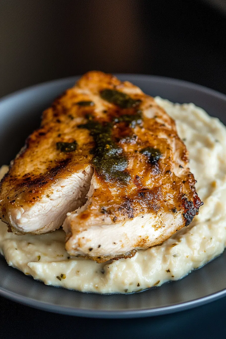 A close-up of sautéed chicken, showcasing its golden crust and zesty sauce.