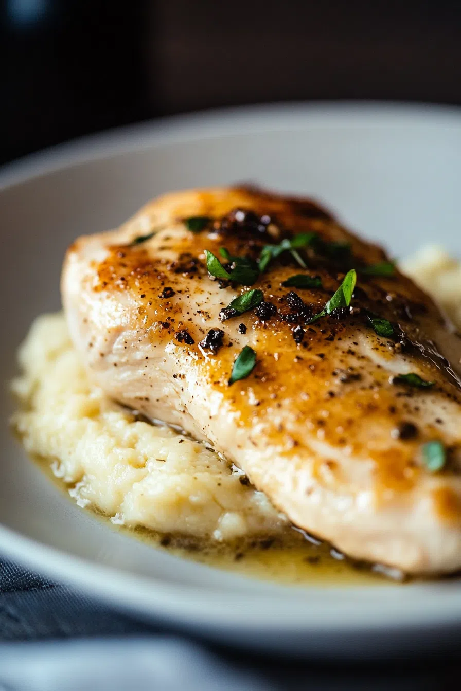 Freshly cooked chicken in a shallow pan, coated with a light pan sauce.