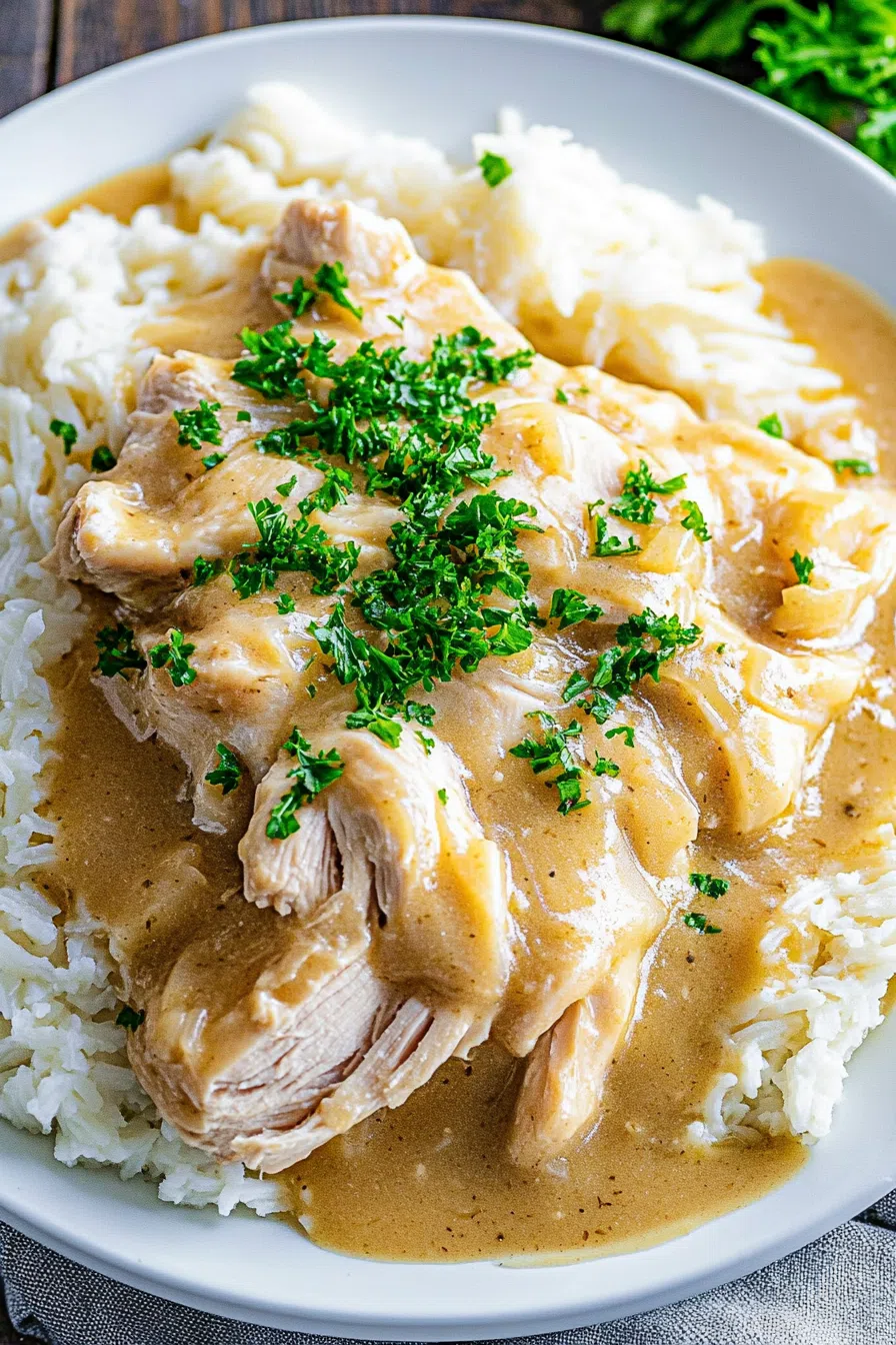 Slow cooked chicken and gravy spooned over rice, ready to serve.