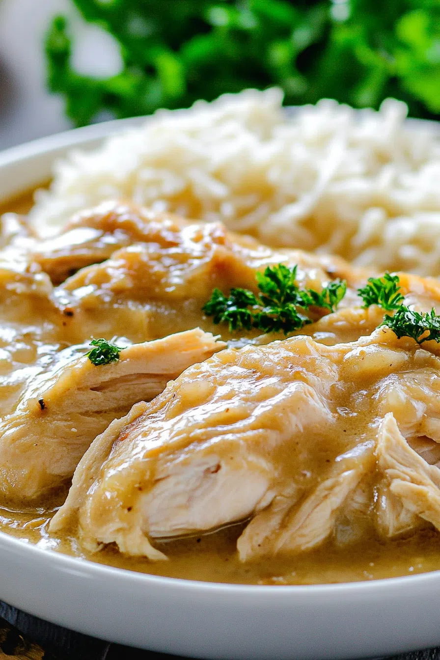 Close-up of juicy meat coated in golden brown sauce, garnished with herbs.