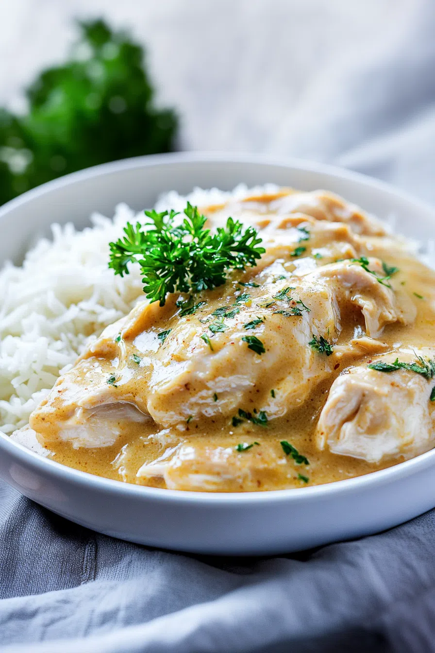 Comforting, slow-cooked meal with golden gravy and tender meat, styled on a white plate.