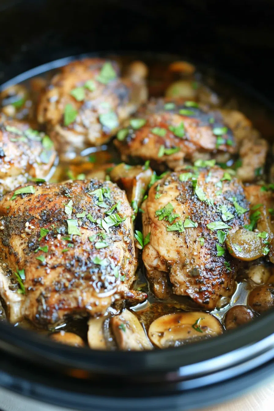 Close-up of a hearty plated meal featuring dark, glazed chicken pieces and vegetables.