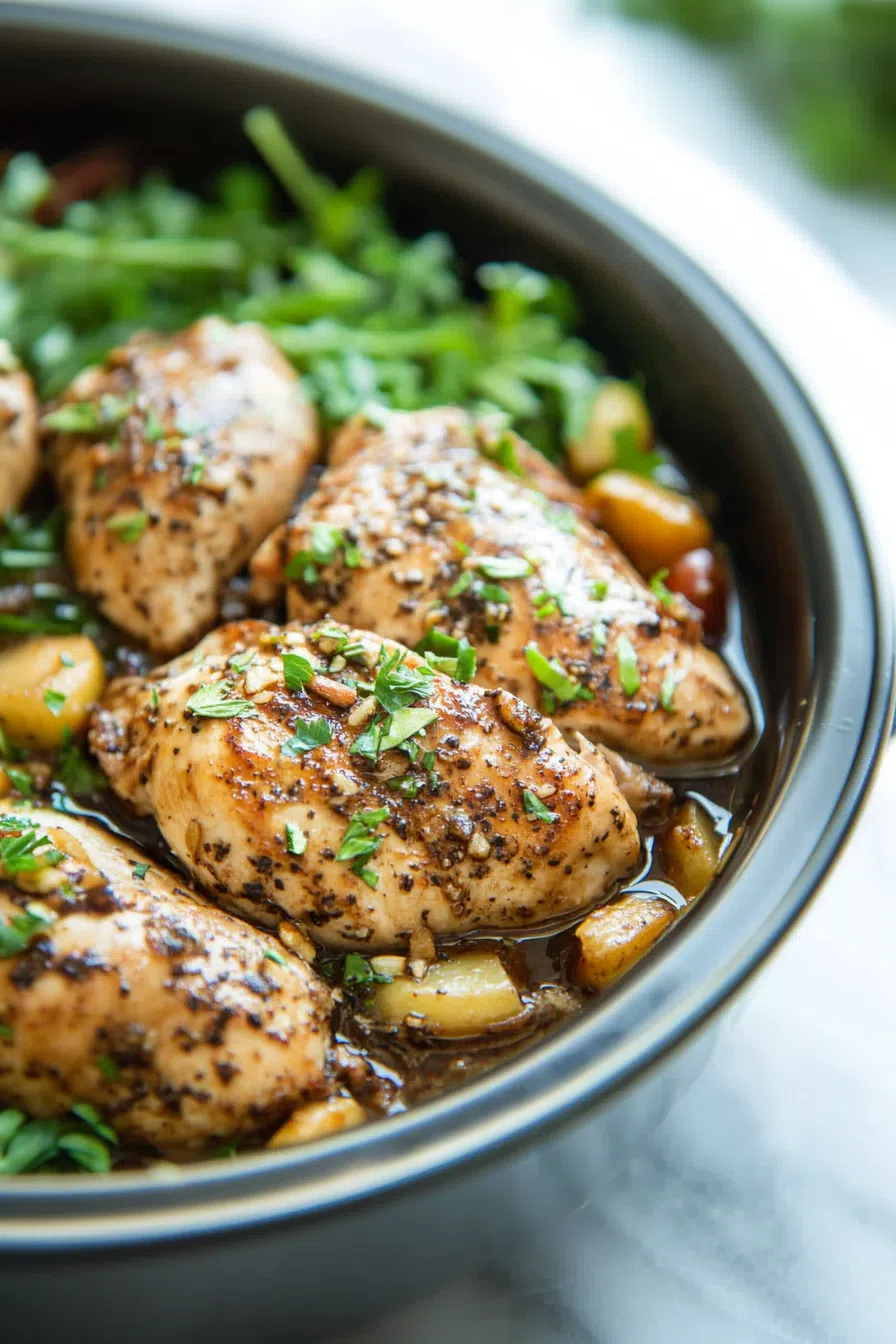 Serving bowl filled with a savory, slow-cooked dinner garnished with fresh parsley.