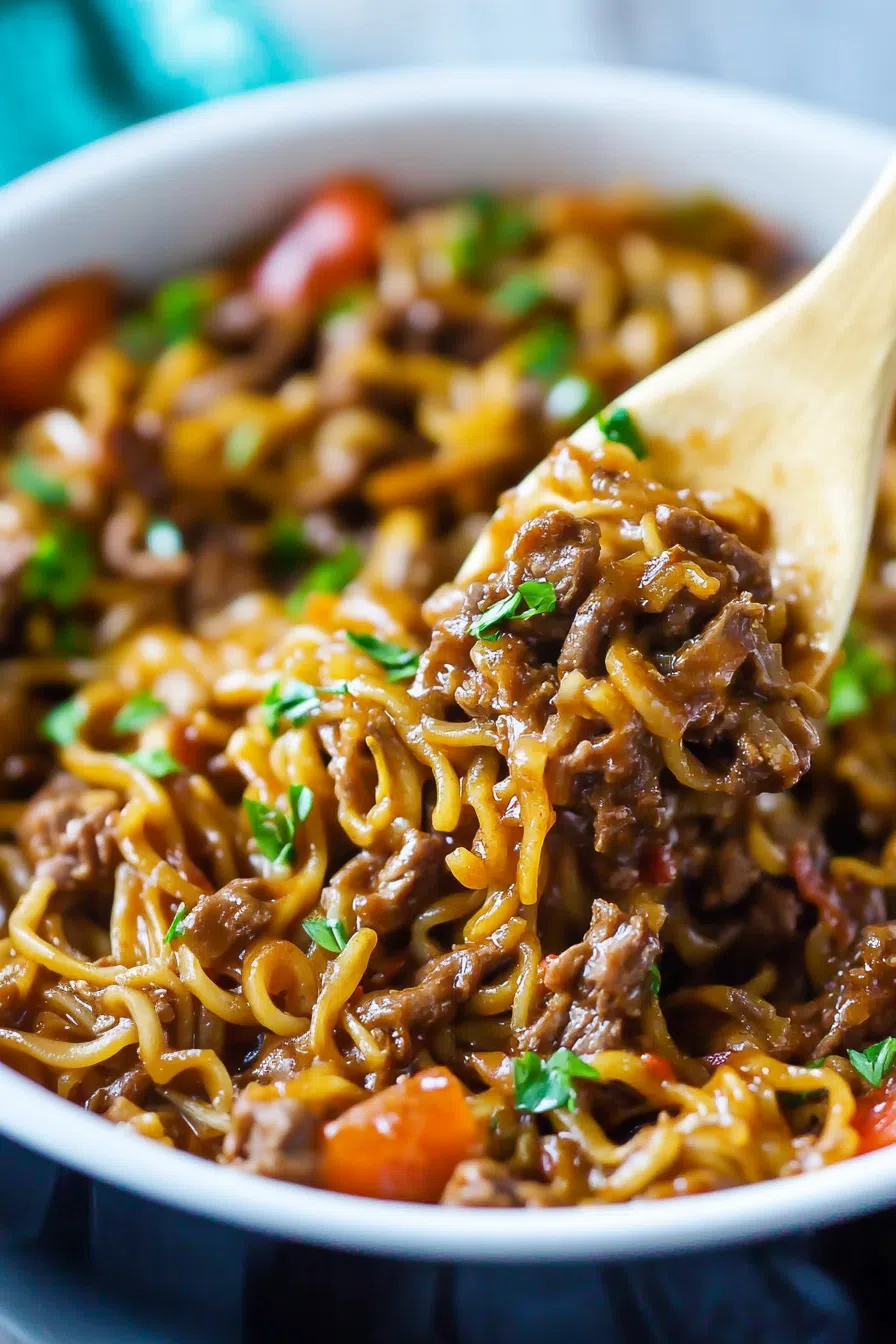 Bowl filled with steaming noodles and tender meat in a rich broth