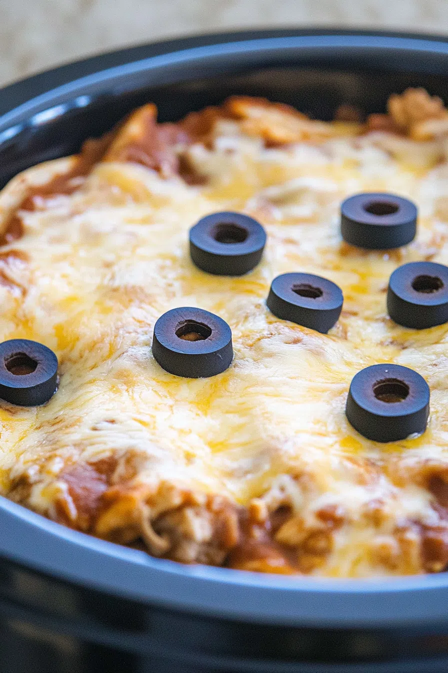 Melted cheese bubbling over a rolled tortilla dish in a serving tray.