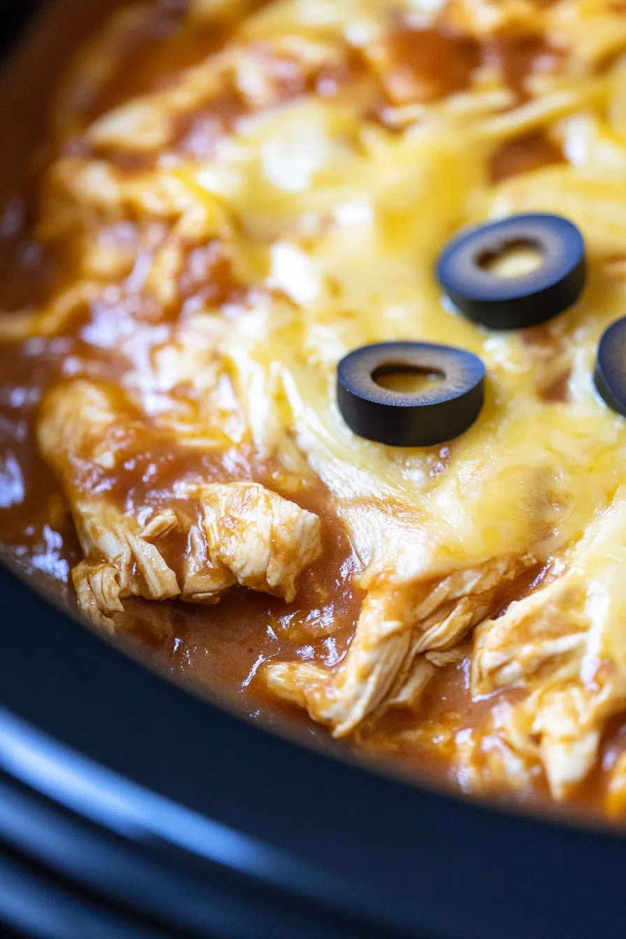 Close-up of a rich, saucy casserole with browned cheese and tender filling.