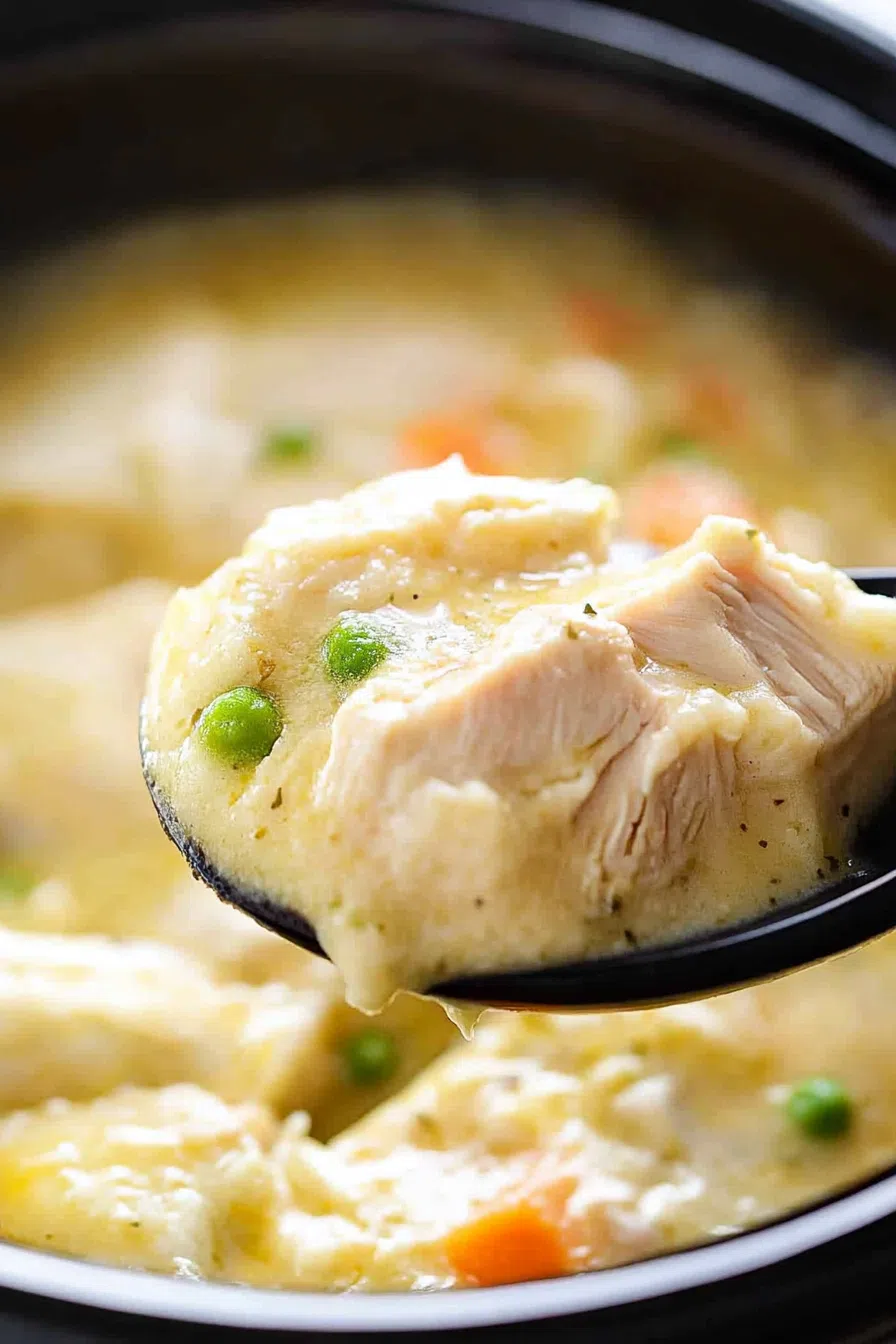 Spoonful of thick stew being lifted from a rustic serving dish.