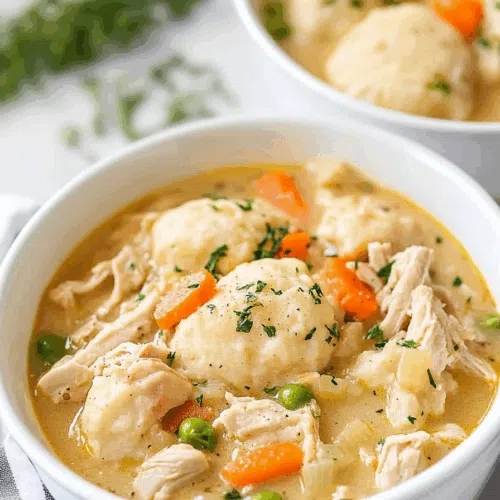 Golden dumplings resting in a creamy, pepper-speckled base with visible chunks of meat.