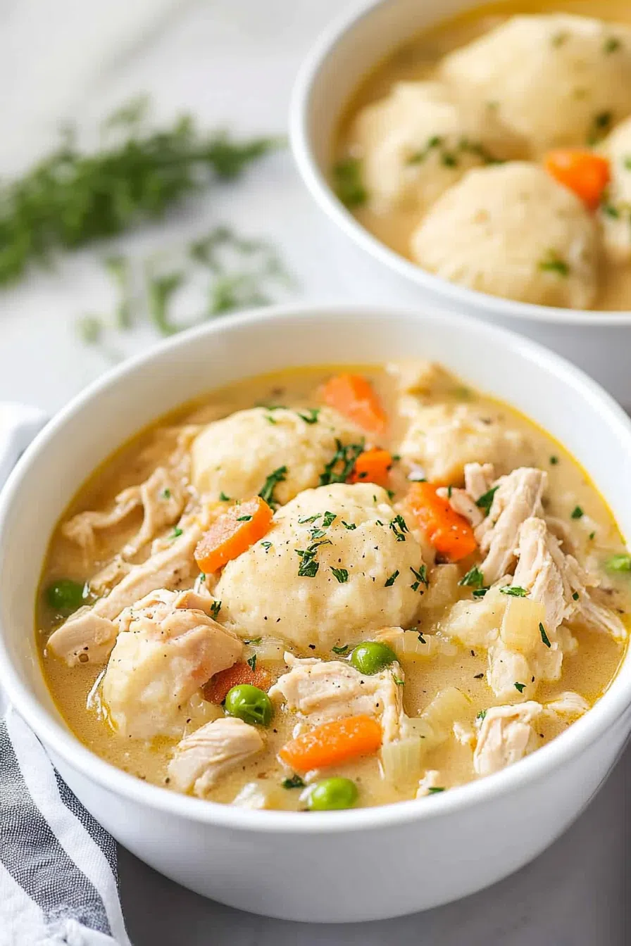Golden dumplings resting in a creamy, pepper-speckled base with visible chunks of meat.