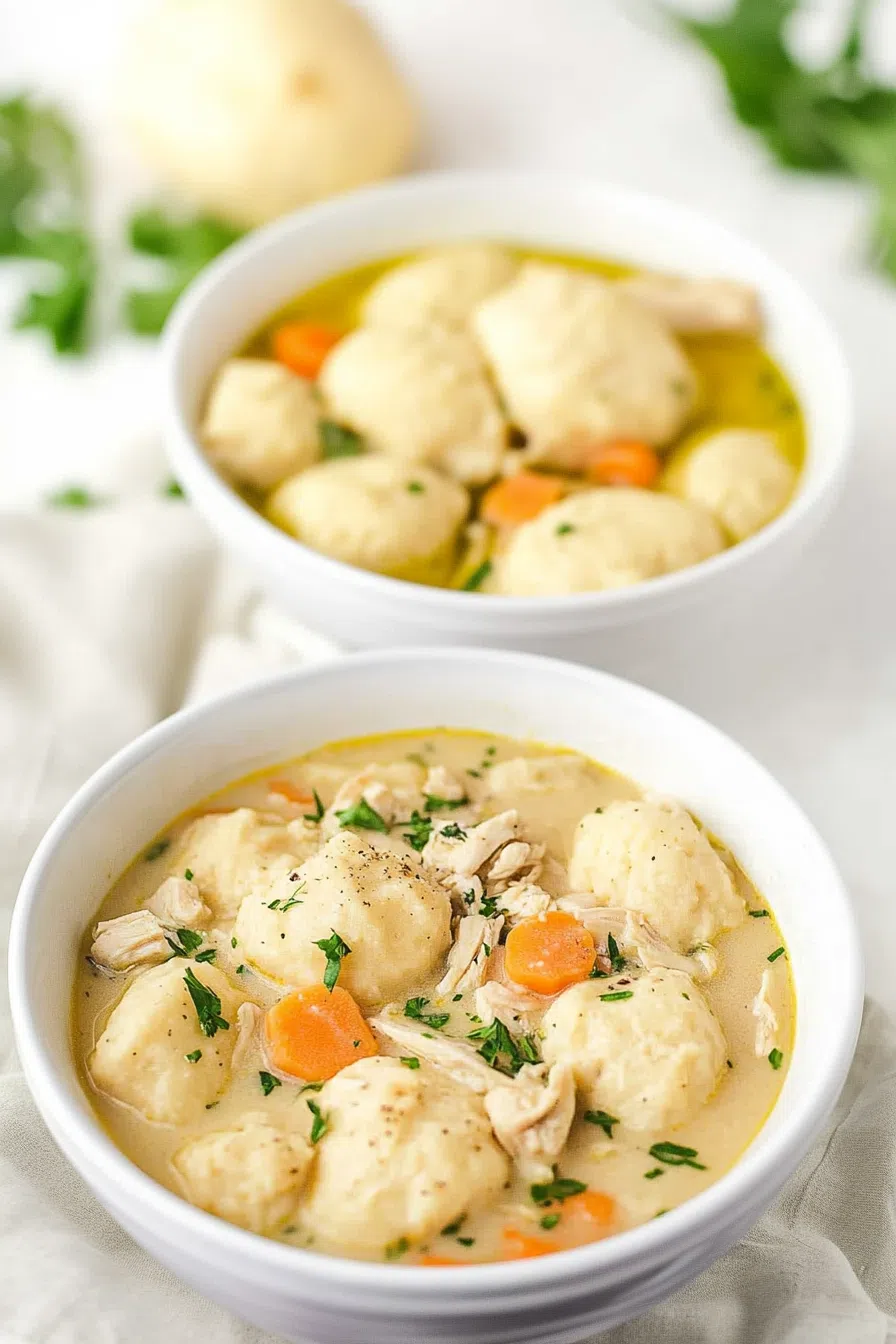 Creamy comfort food served in a deep bowl with biscuit-style dumplings on top.