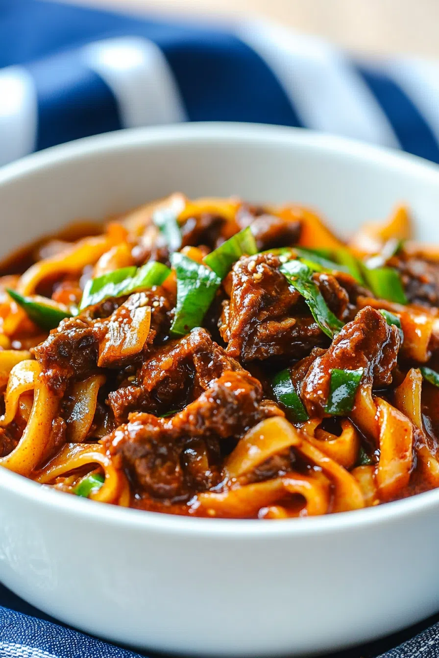 Tender shredded meat atop a bed of saucy noodles with scallions.