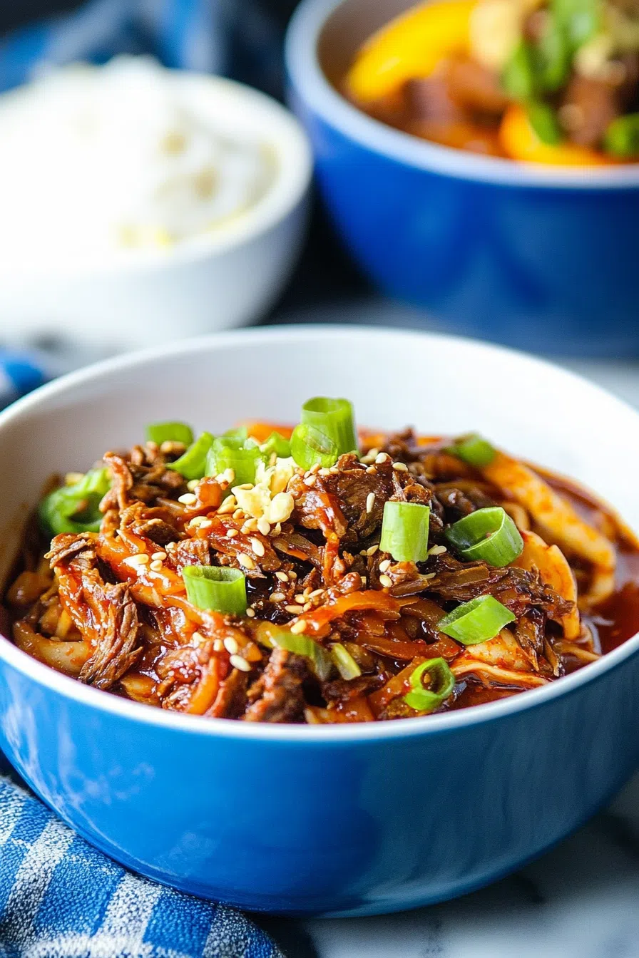 Dinner bowl filled with slow-cooked meat and noodles in rich brown sauce.