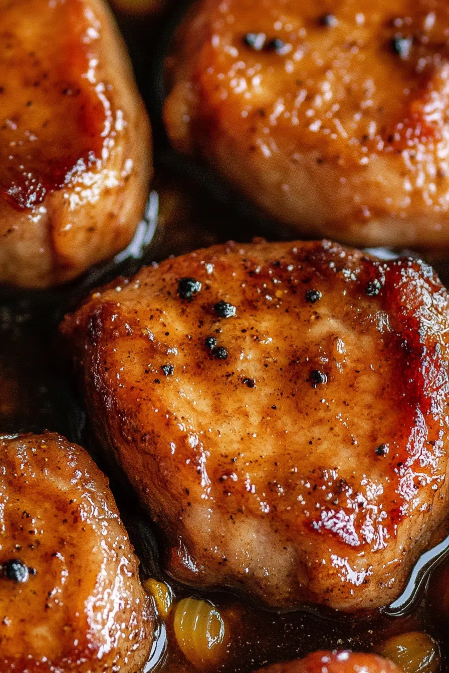 Close-up of fork-tender protein resting in a pool of flavorful sauce.