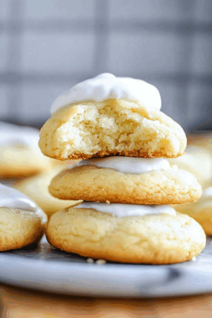 Stack of pillowy cookies arranged neatly on a dessert tray.
