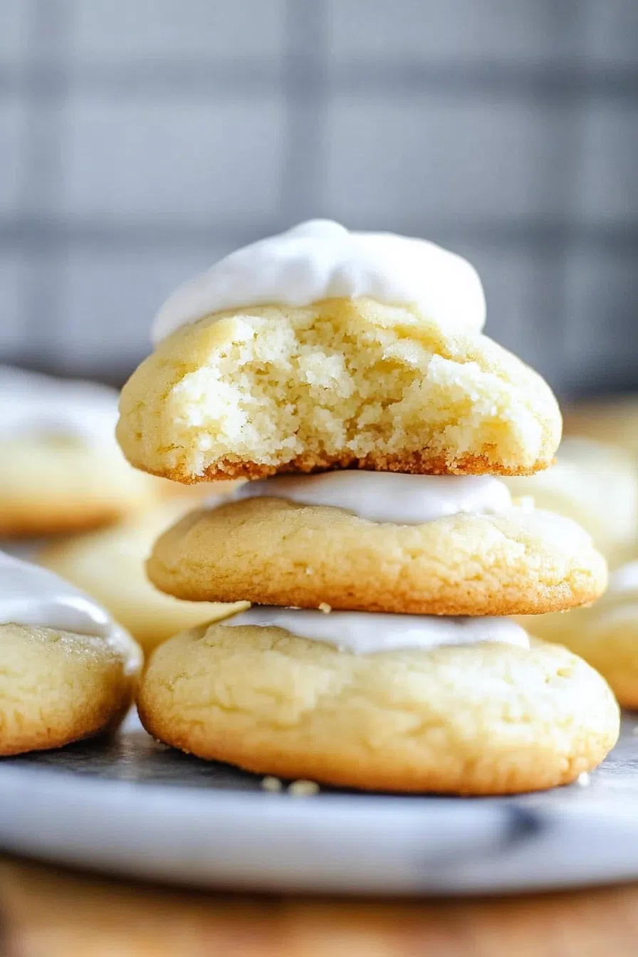 Stack of pillowy cookies arranged neatly on a dessert tray.