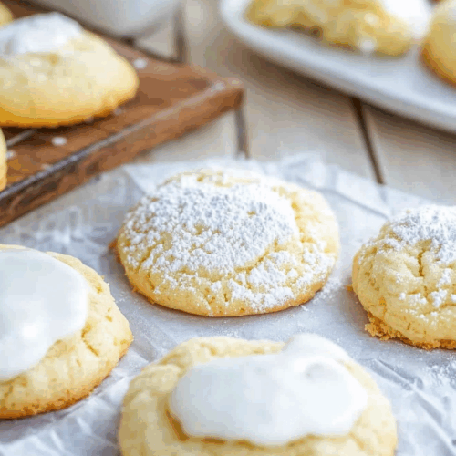 Close-up of a thick, pillowy cookie with creamy vanilla icing.