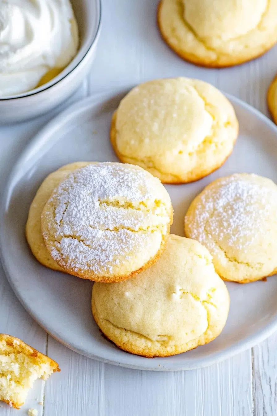 Frosted sugar cookies arranged on a white plate with a soft, cakey texture.