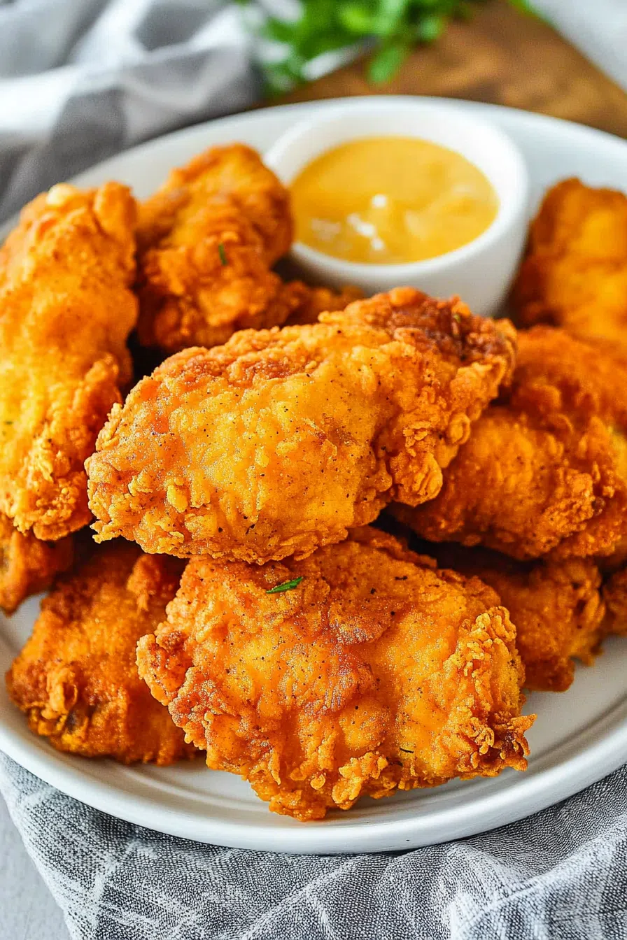 Crispy, golden-brown chicken pieces served on a platter with dipping sauce.
