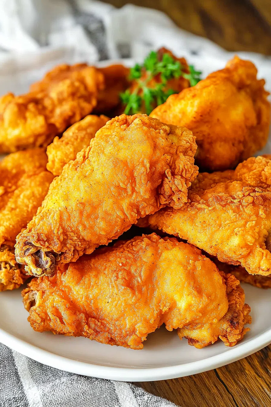 Crispy golden chicken piled high on a serving platter with fresh herbs.