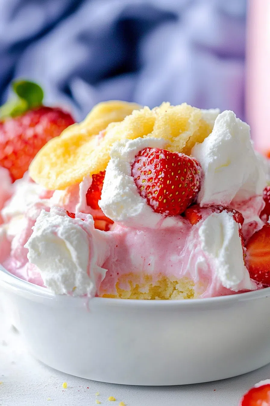 Close-up of a chilled, frosted cake slice showing its light texture and sweet topping.
