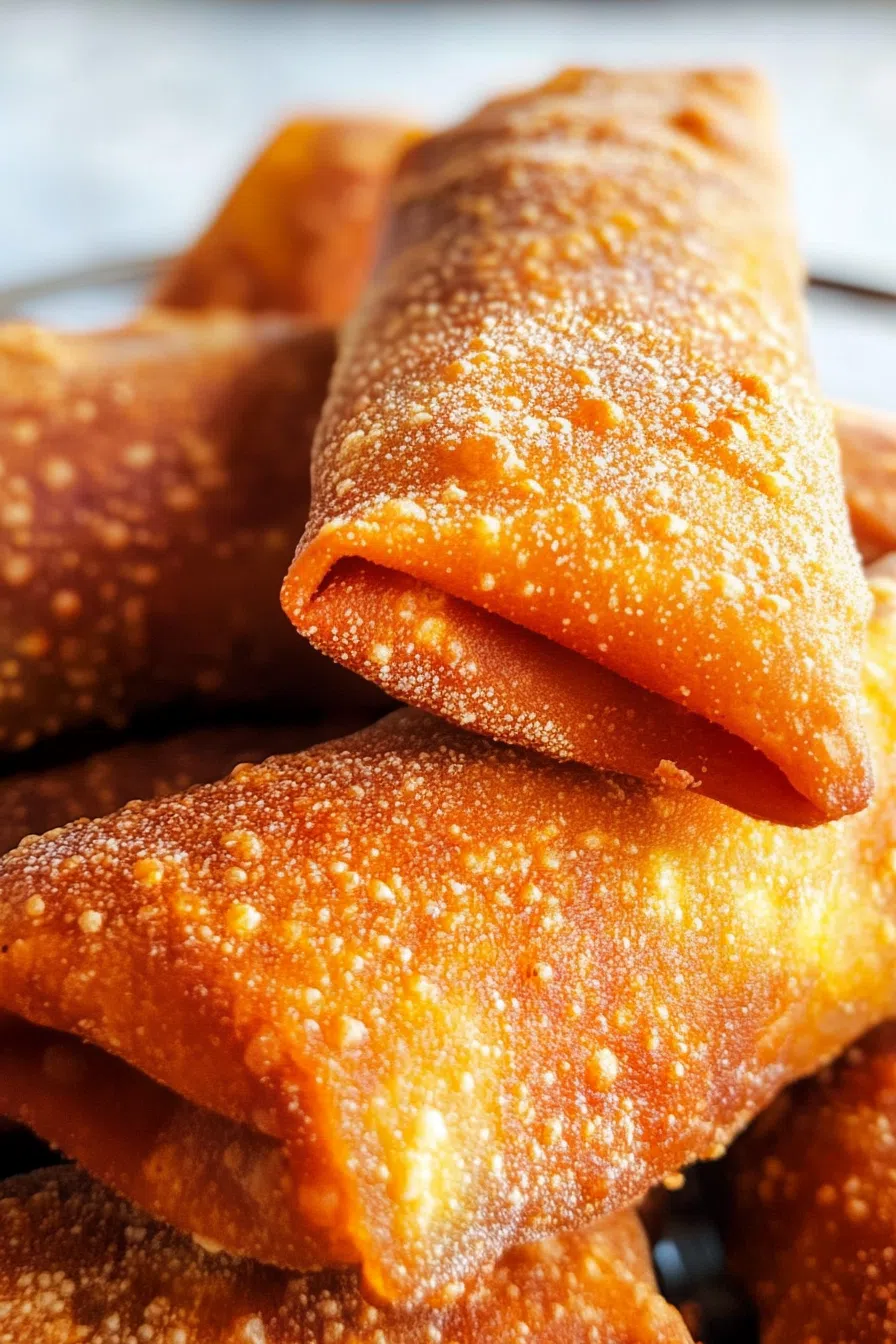Close-up of crunchy rolls with seasoned vegetable and chicken filling.