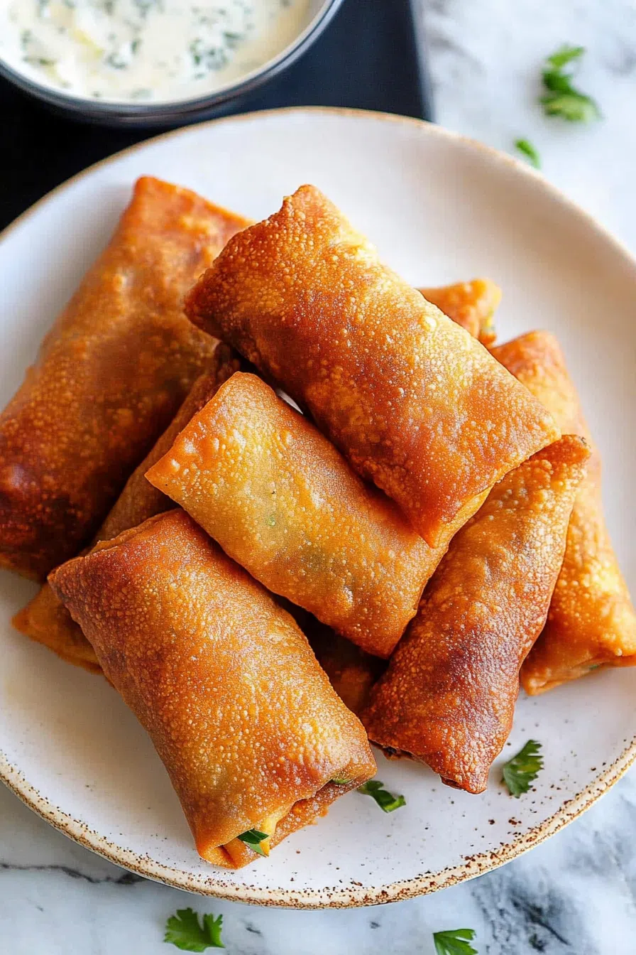 Platter of deep-fried appetizers served with a creamy dipping sauce.