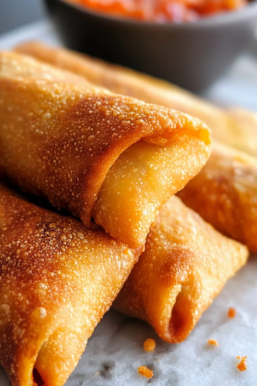 Crispy, golden rolls cut in half to reveal a colorful filling of beans, corn, and peppers.