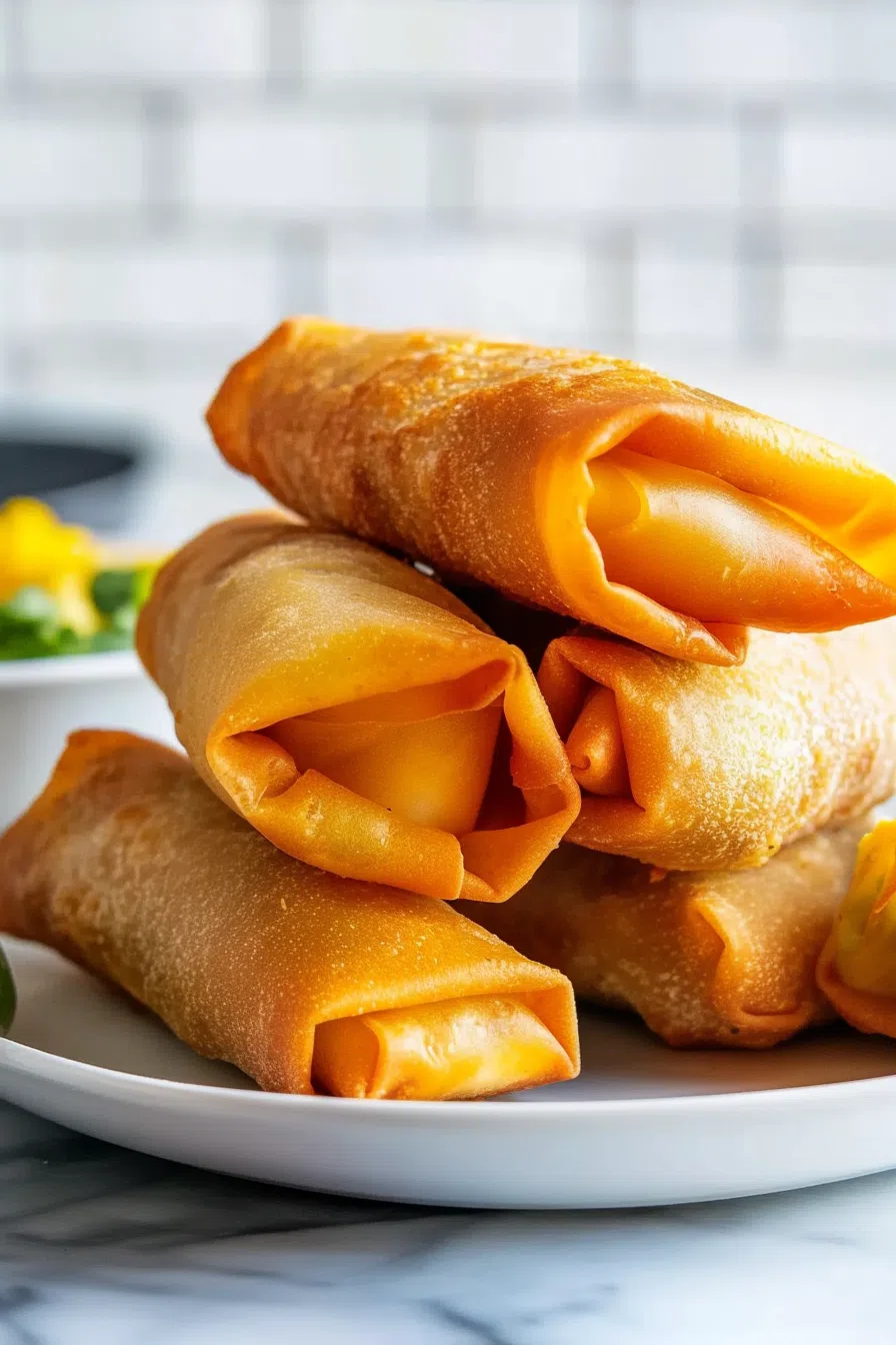 Golden, crispy rolls sliced to reveal a filling of black beans, corn, and melted cheese.