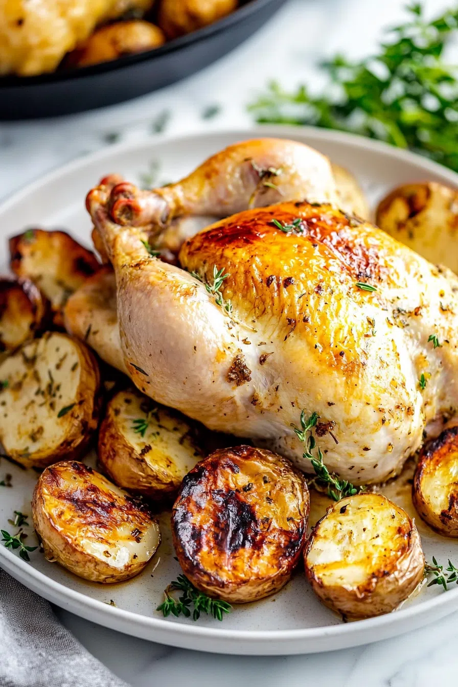 Close-up of juicy, browned meat with perfectly crisp skin and charred edges